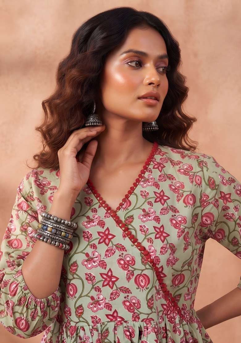 Green Printed Cotton Short Kurta - Indya