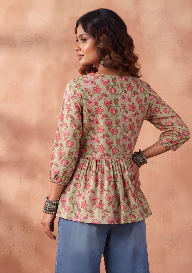 Green Printed Cotton Short Kurta - Indya