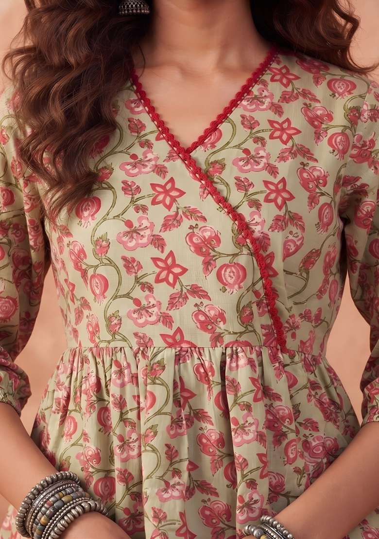 Green Printed Cotton Short Kurta - Indya
