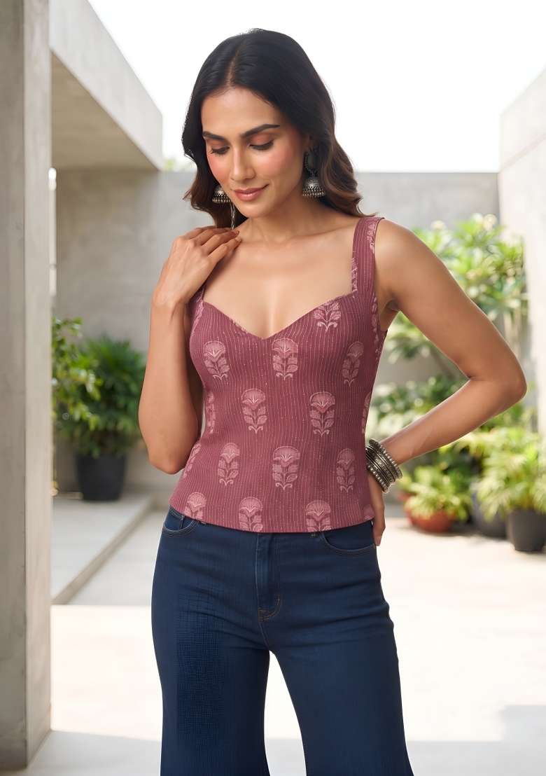 Mauve Printed Cotton Short Kurta - Indya