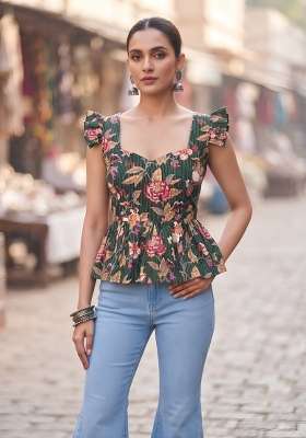 Green Printed Cotton Short Kurta