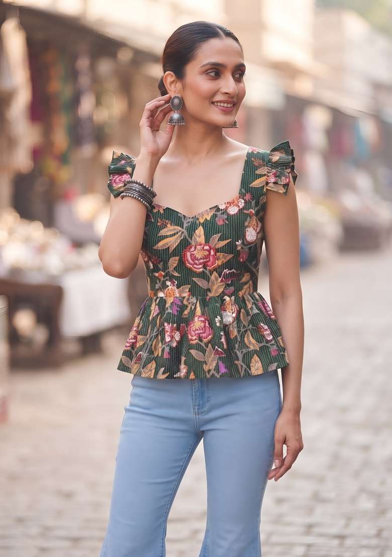 Green Printed Cotton Short Kurta - Indya