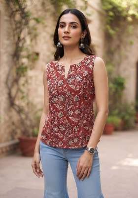Maroon Printed Cotton Short Kurta