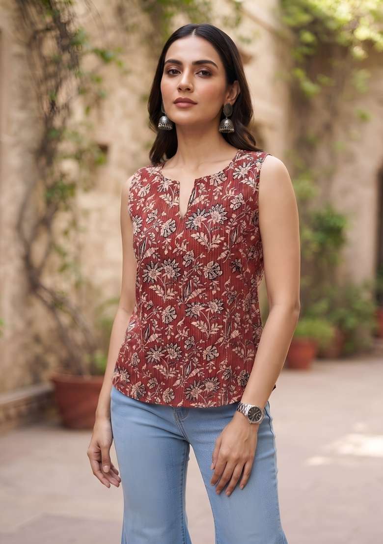 Maroon Printed Cotton Short Kurta - Indya
