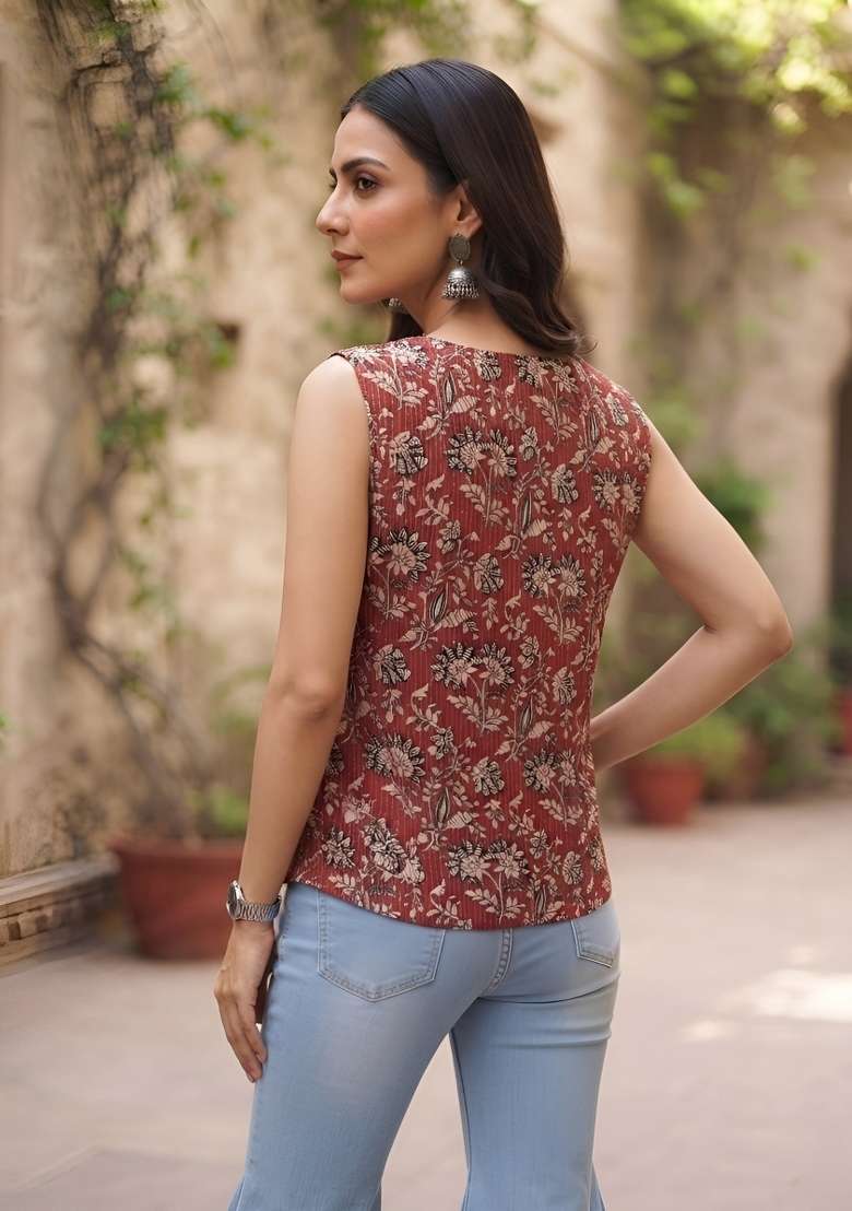 Maroon Printed Cotton Short Kurta - Indya