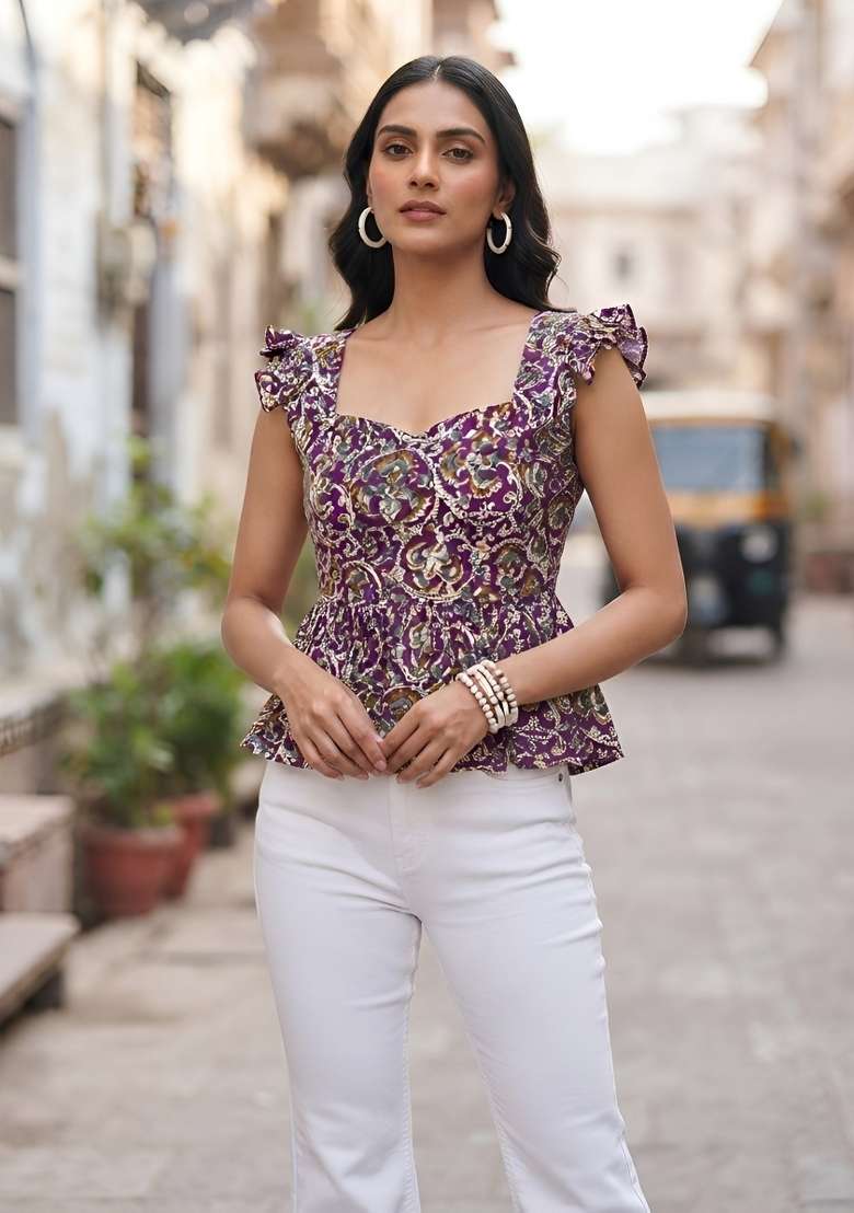 Multicolor Printed Cotton Short Kurta - Indya
