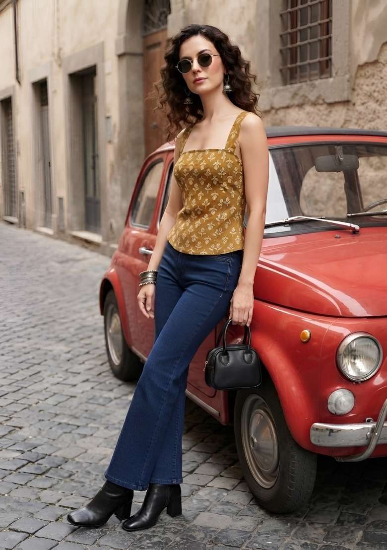 Mustard Printed Cotton Short Kurta - Indya