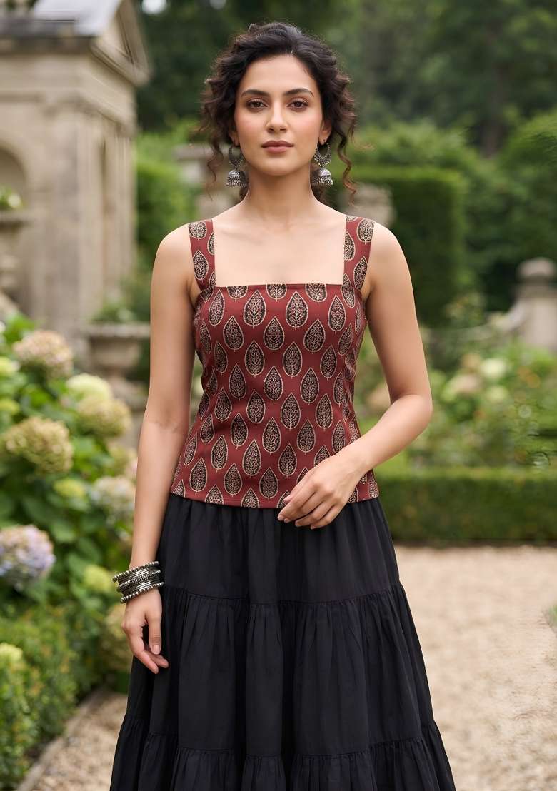 Maroon Printed Cotton Short Kurta - Indya
