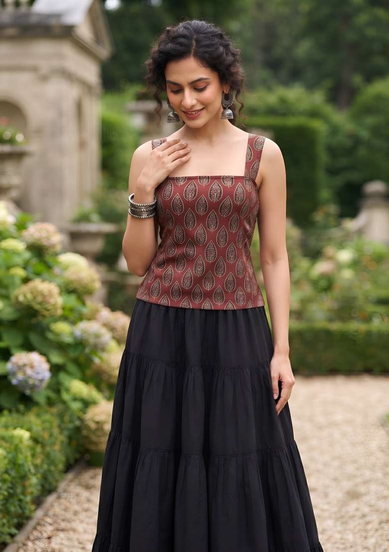 Maroon Printed Cotton Short Kurta - Indya
