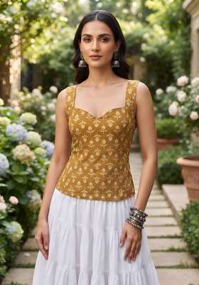 Mustard Printed Cotton Short Kurta