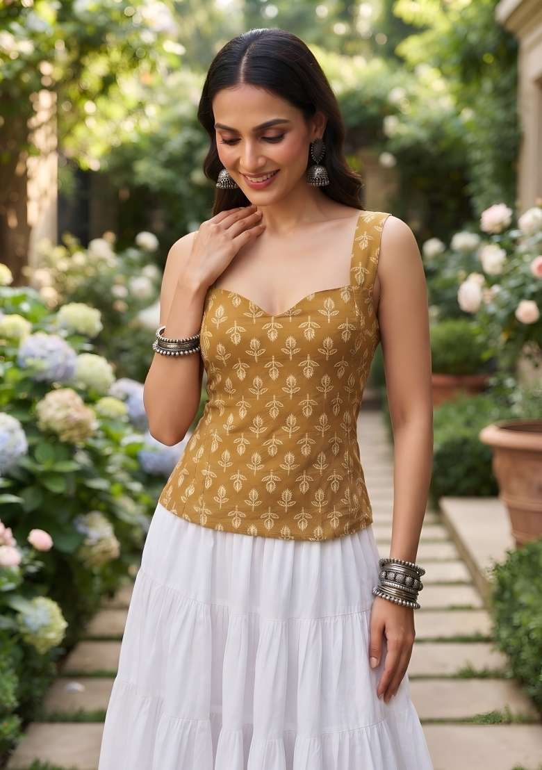 Mustard Printed Cotton Short Kurta - Indya