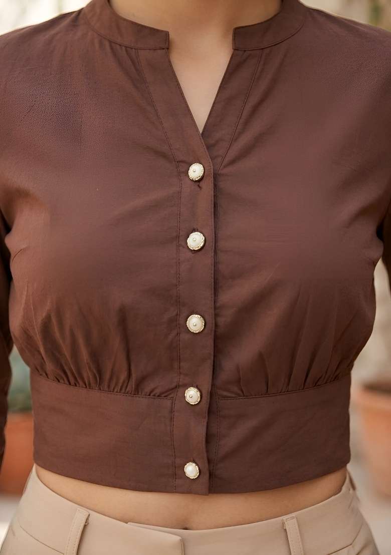 Brown Printed Cotton Short Kurta - Indya
