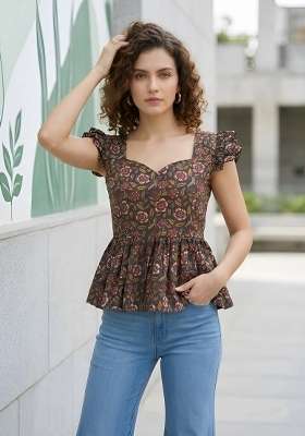 Black Printed Cotton Short Kurta