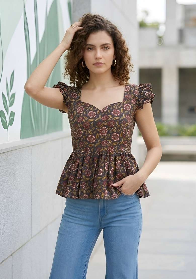 Black Printed Cotton Short Kurta - Indya