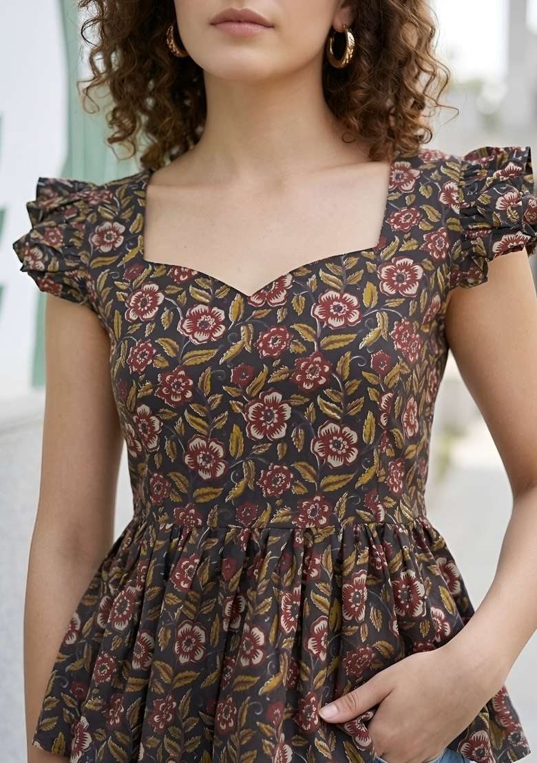 Black Printed Cotton Short Kurta - Indya