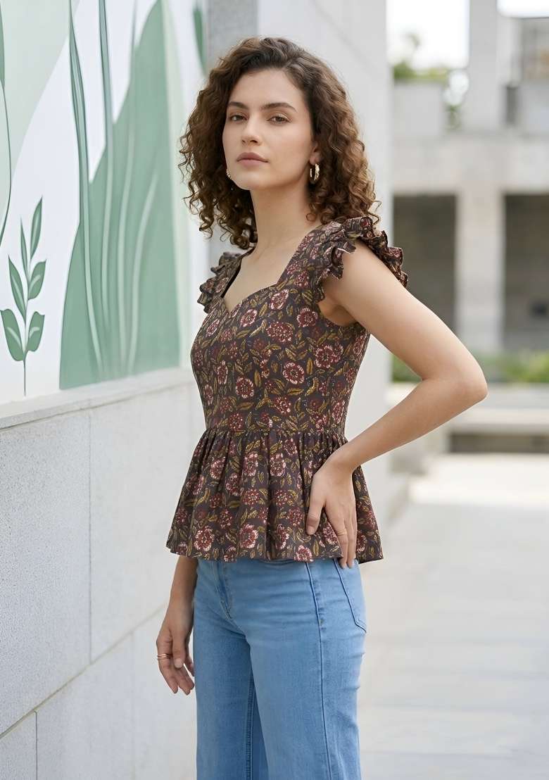 Black Printed Cotton Short Kurta - Indya