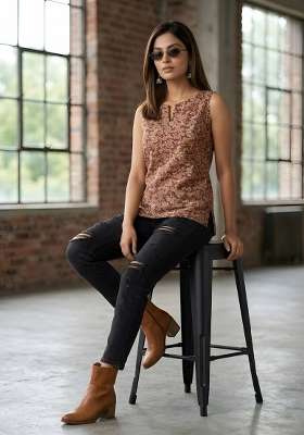 Brown Printed Cotton Short Kurta