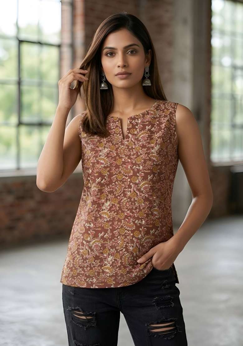 Brown Printed Cotton Short Kurta - Indya