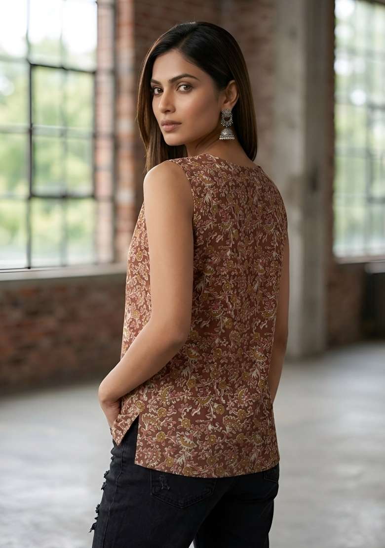 Brown Printed Cotton Short Kurta - Indya