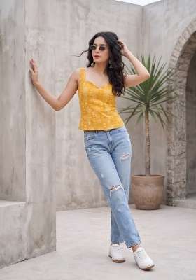 Yellow Printed Cotton Short Kurta
