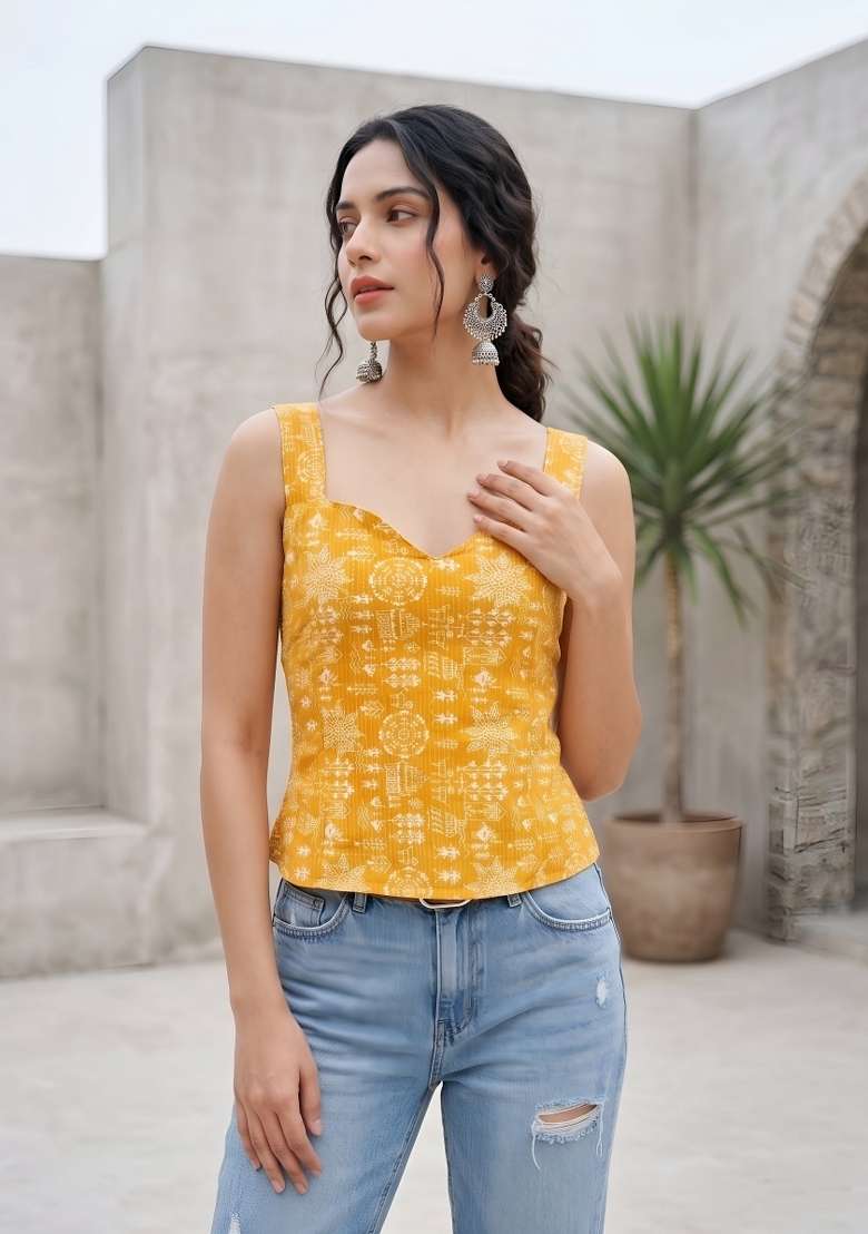 Yellow Printed Cotton Short Kurta - Indya