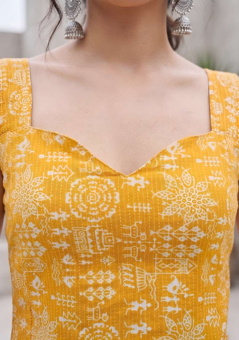 Yellow Printed Cotton Short Kurta - Indya
