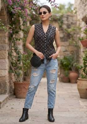Black Printed Cotton Short Kurta