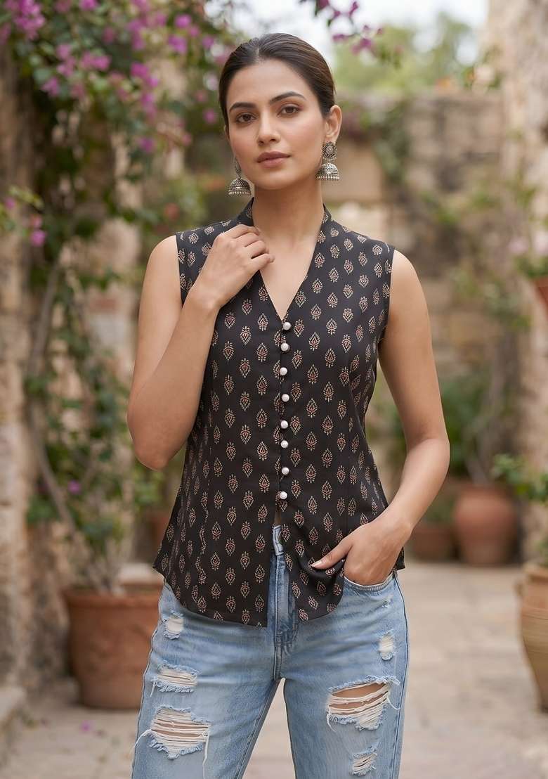 Black Printed Cotton Short Kurta - Indya