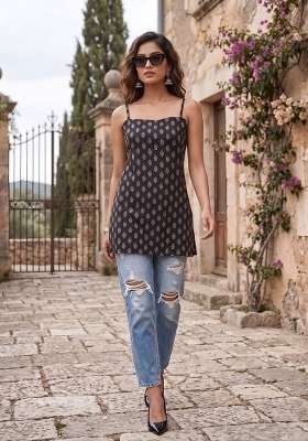 Black Printed Cotton Short Kurta