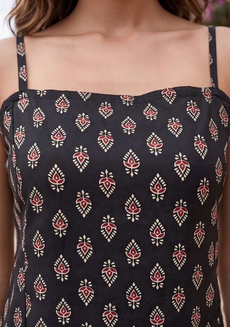 Black Printed Cotton Short Kurta - Indya