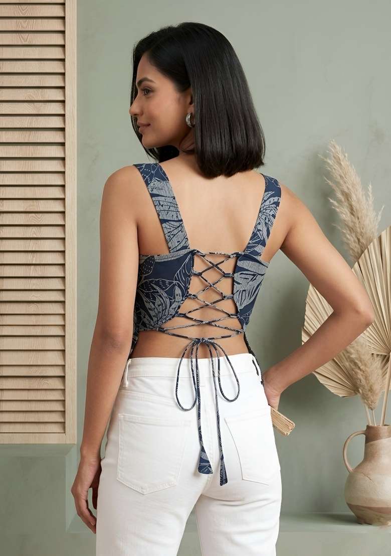 Blue Printed Cotton Short Kurta - Indya