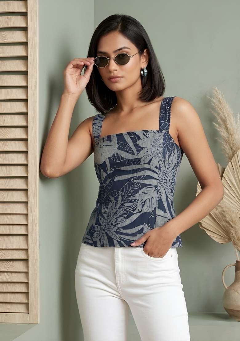 Blue Printed Cotton Short Kurta - Indya