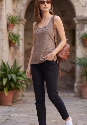 Beige Printed Cotton Short Kurta