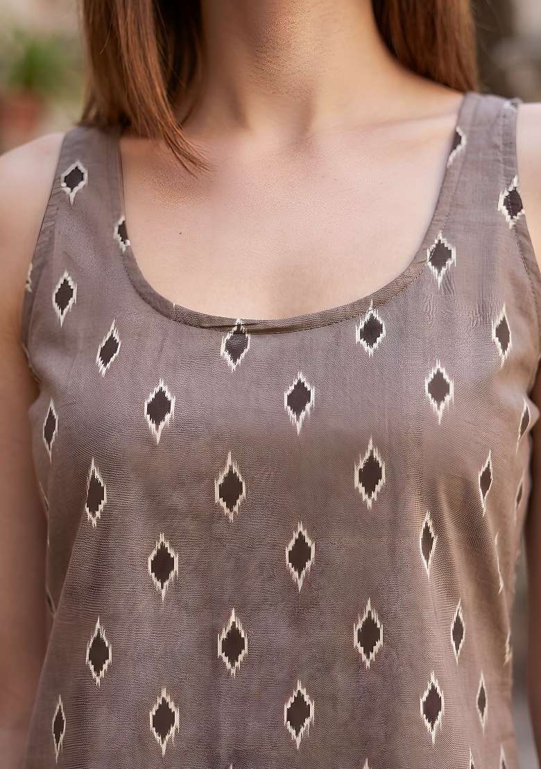 Beige Printed Cotton Short Kurta - Indya