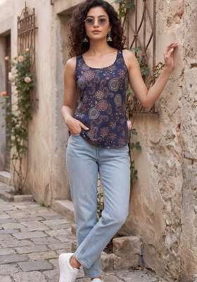 Blue Printed Cotton Short Kurta