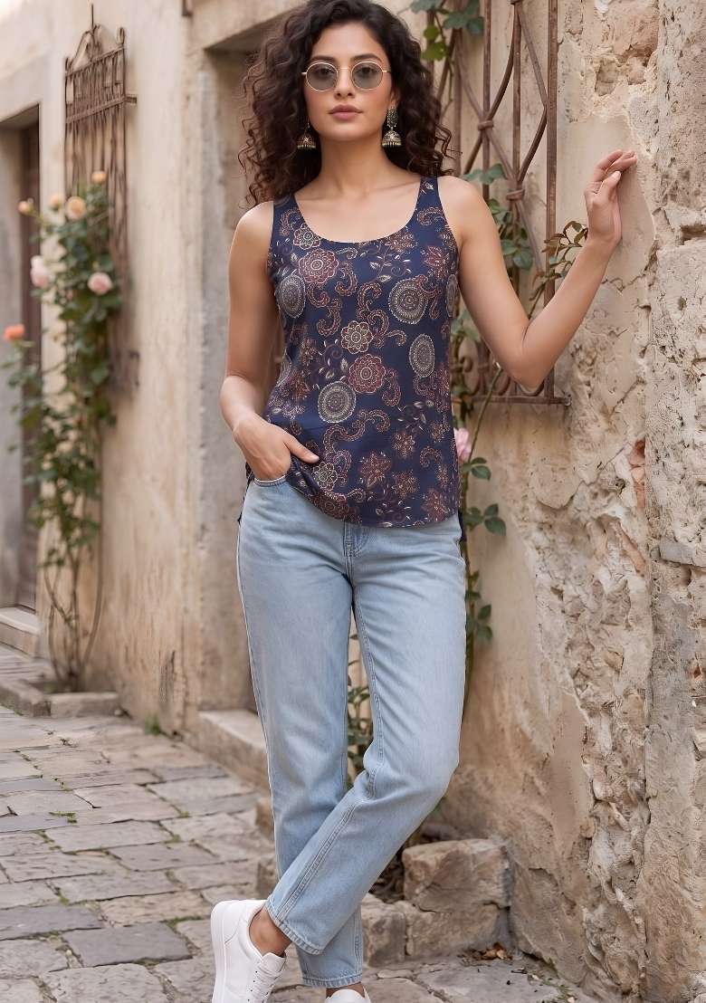 Blue Printed Cotton Short Kurta - Indya