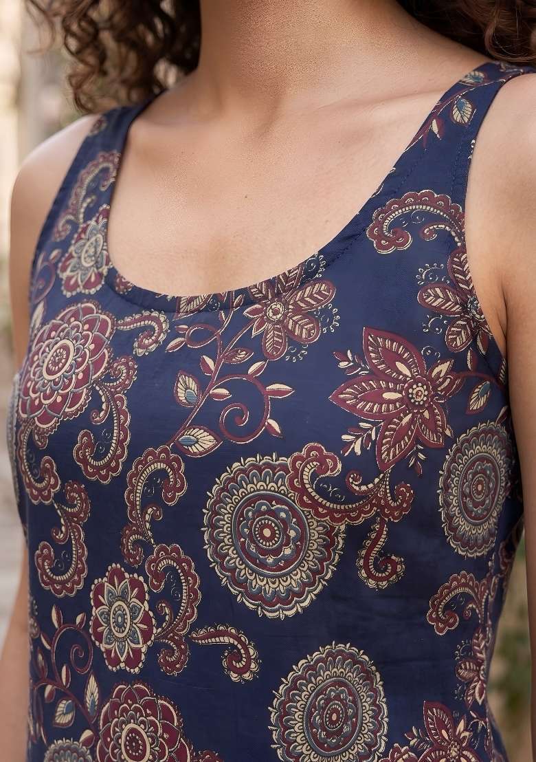 Blue Printed Cotton Short Kurta - Indya