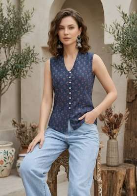 Blue Printed Cotton Short Kurta