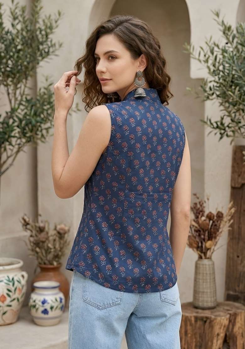 Blue Printed Cotton Short Kurta - Indya