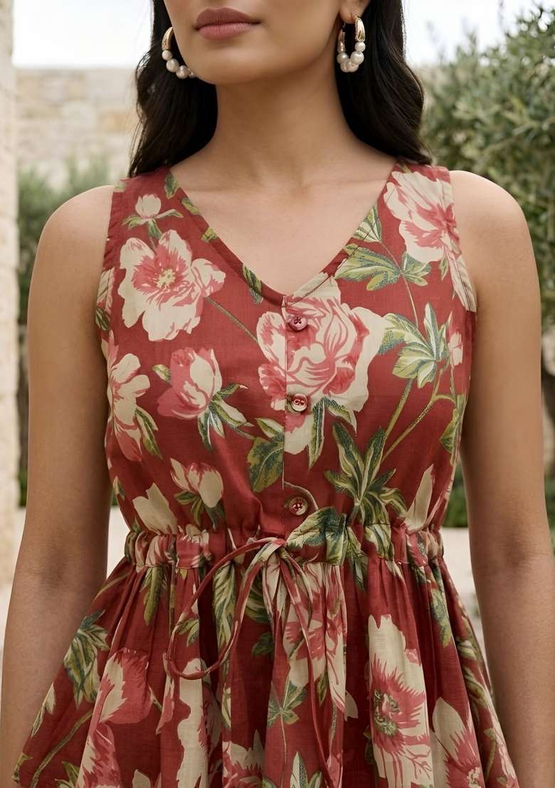 Maroon Printed Cotton Short Kurta - Indya