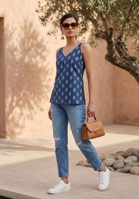 Blue Printed Cotton Short Kurta