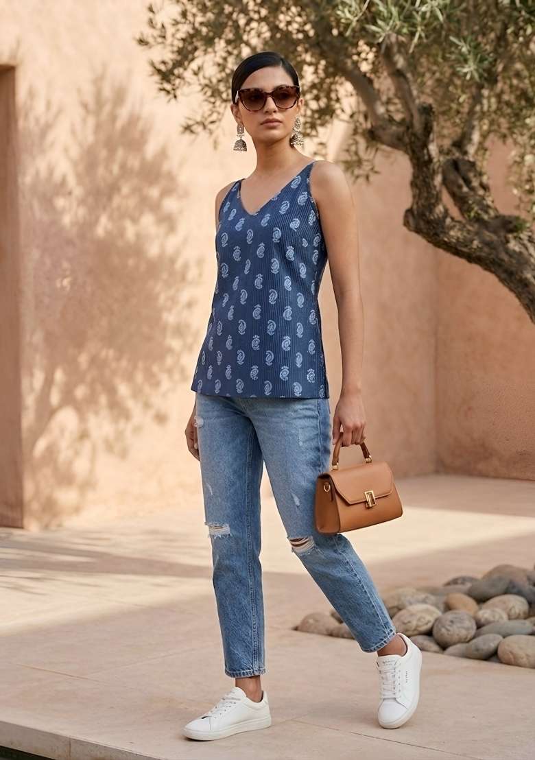 Blue Printed Cotton Short Kurta - Indya