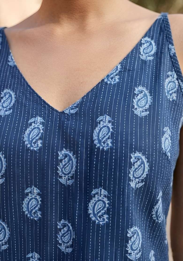 Blue Printed Cotton Short Kurta - Indya