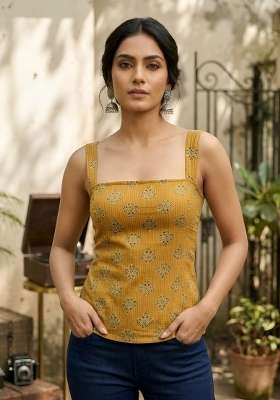 Mustard Printed Cotton Short Kurta