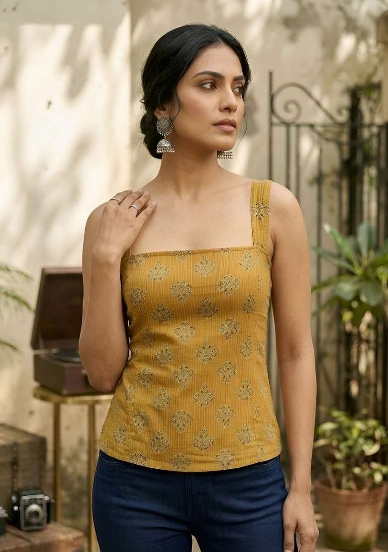 Mustard Printed Cotton Short Kurta - Indya