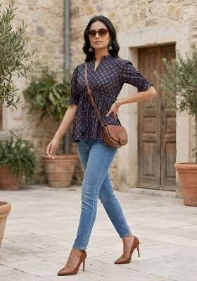 Blue Printed Cotton Short Kurta