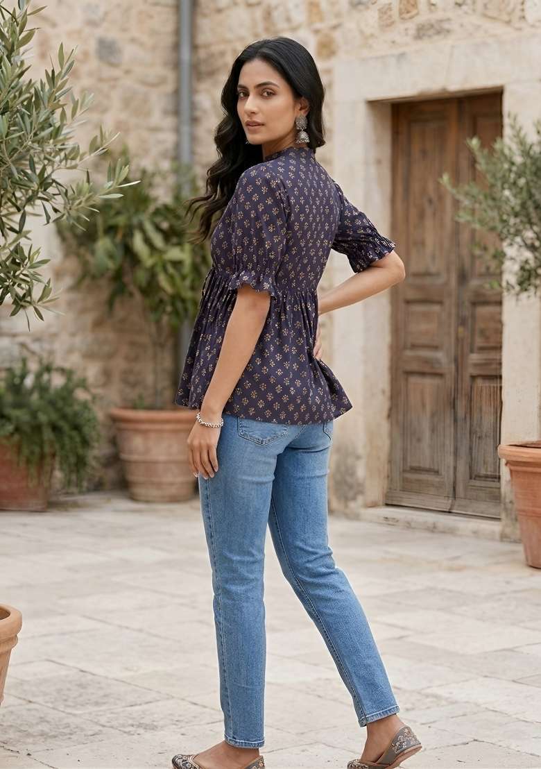 Blue Printed Cotton Short Kurta - Indya