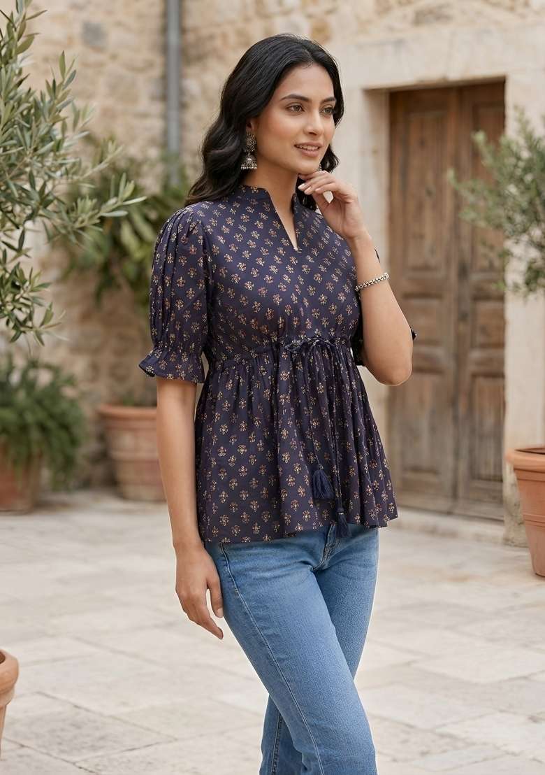 Blue Printed Cotton Short Kurta - Indya