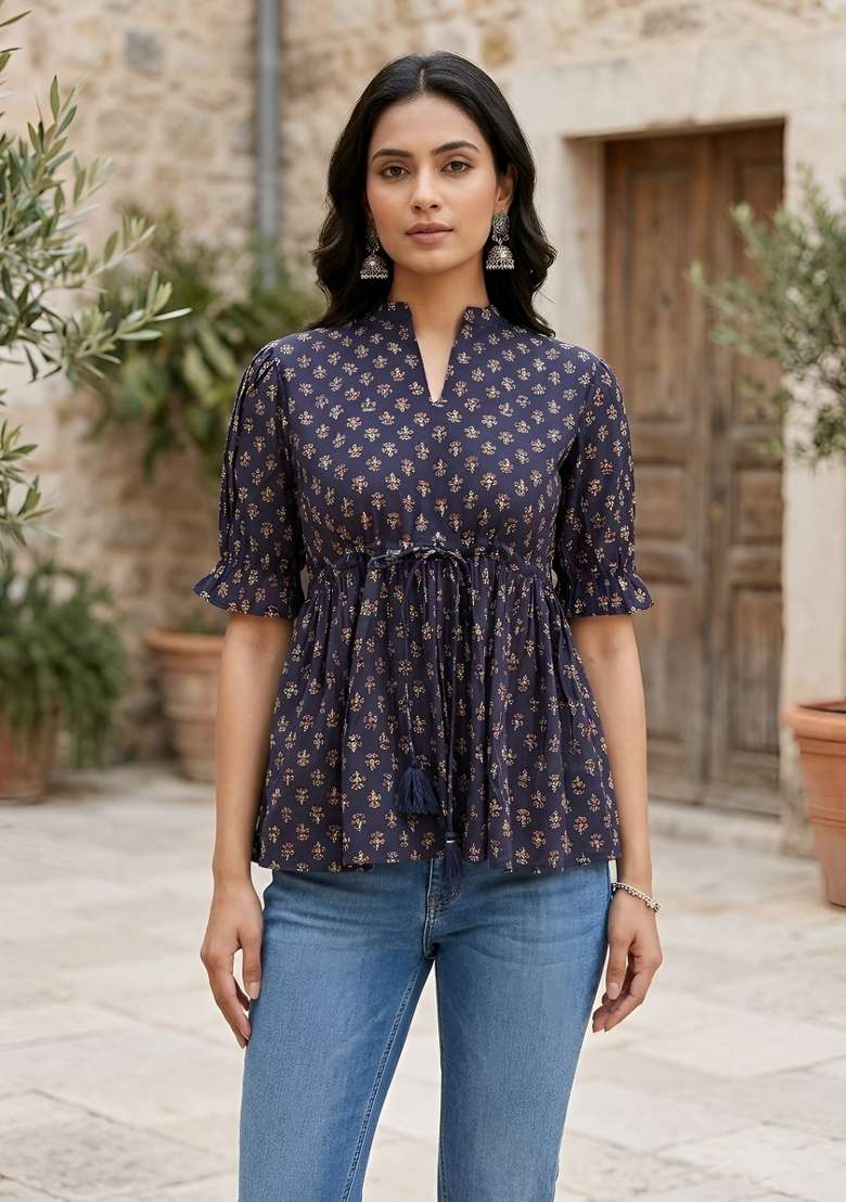 Blue Printed Cotton Short Kurta - Indya