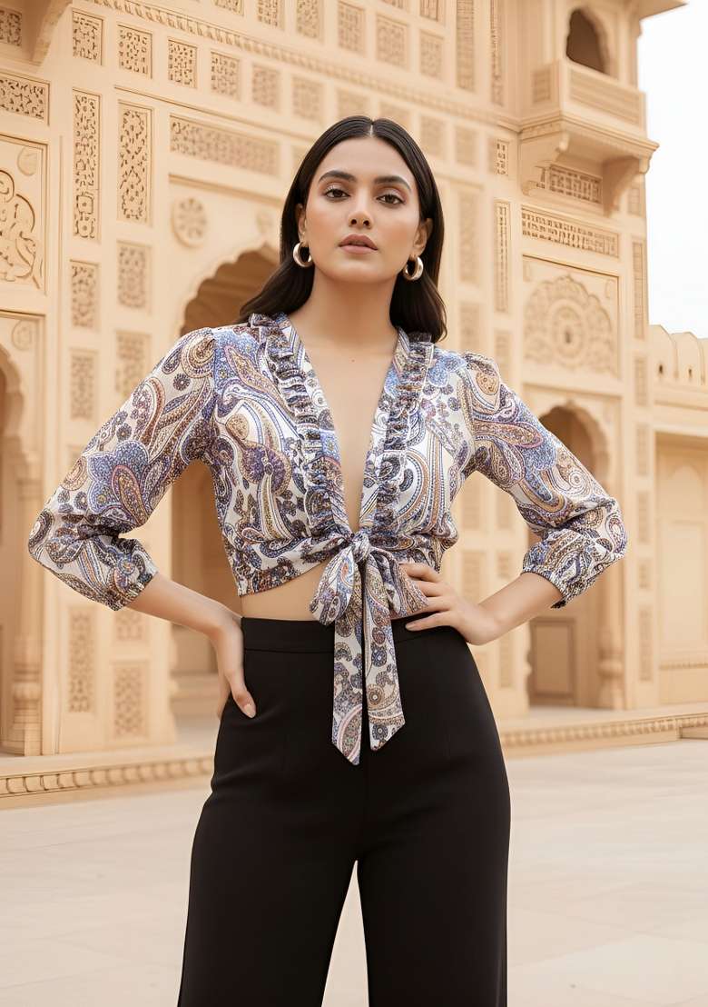 Multicolor Printed Silk Short Kurta - Indya